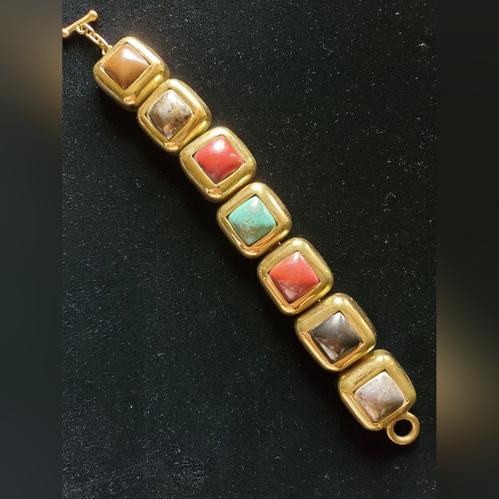 Early Steven Vaubel Designer Signed Vermeil Glass Toggle Bracelet Earthy 1988